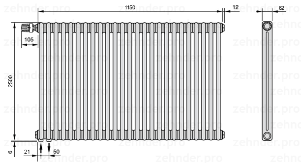 Схема (чертеж) Радиатор Zehnder Charleston 2250/25 №V001 Белый глянцевый RAL 9016